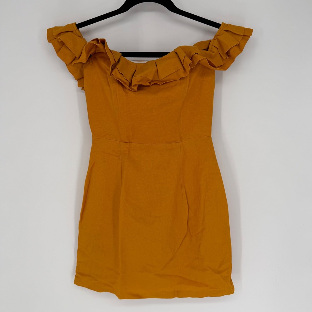 BY THE WAY REVOLVE EMERY OFF THE SHOULDER RUFFLE MINI DRESS XS LINEN MARIGOLD